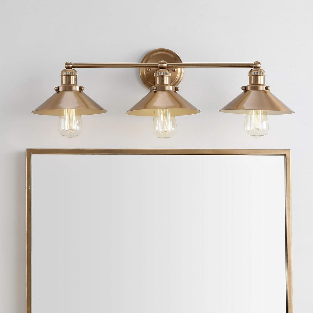 JONATHAN Y 26.5' Brass Gold 3-Light Industrial Farmhouse Metal Vanity Light Wall Sconce, Metal Shade for Bathroom Mirror, Kitchen, Entryway, LED Bulb Included (JYL7431A)