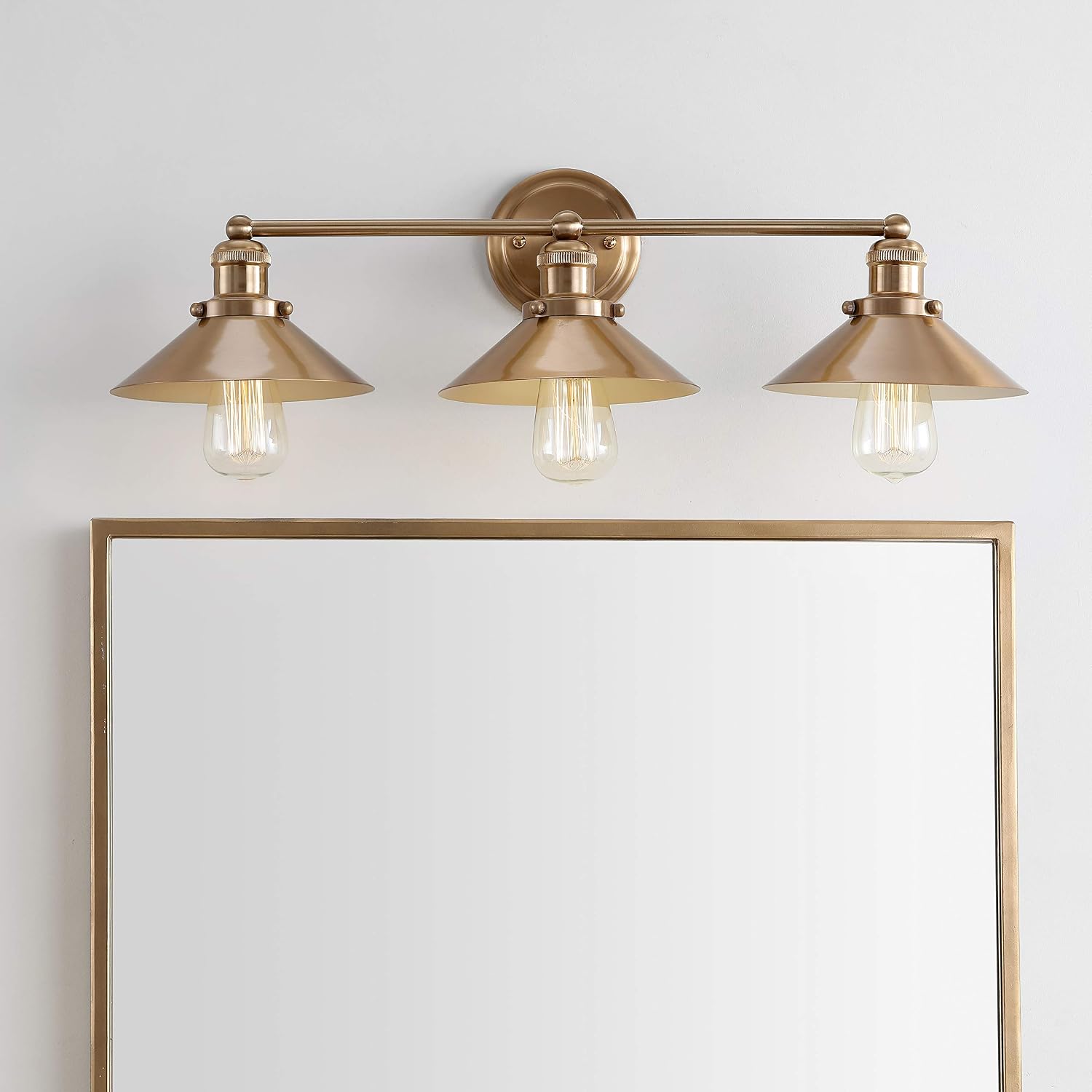 JONATHAN Y 26.5' Brass Gold 3-Light Industrial Farmhouse Metal Vanity Light Wall Sconce, Metal Shade for Bathroom Mirror, Kitchen, Entryway, LED Bulb Included (JYL7431A)