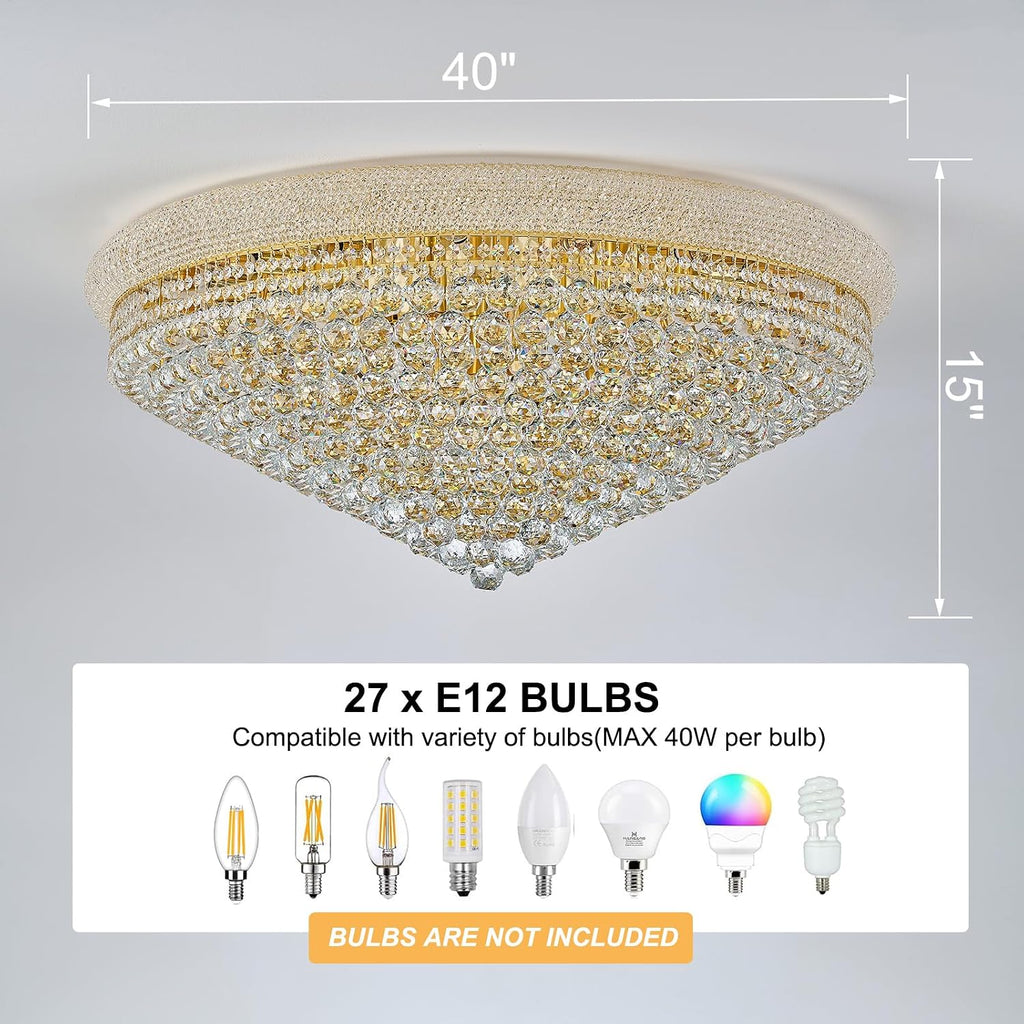 27-Light Large Crystal Chandelier Flush Mount Ceiling Light Fixture for Living Room Entrance Foyer Lobby Gold Finish