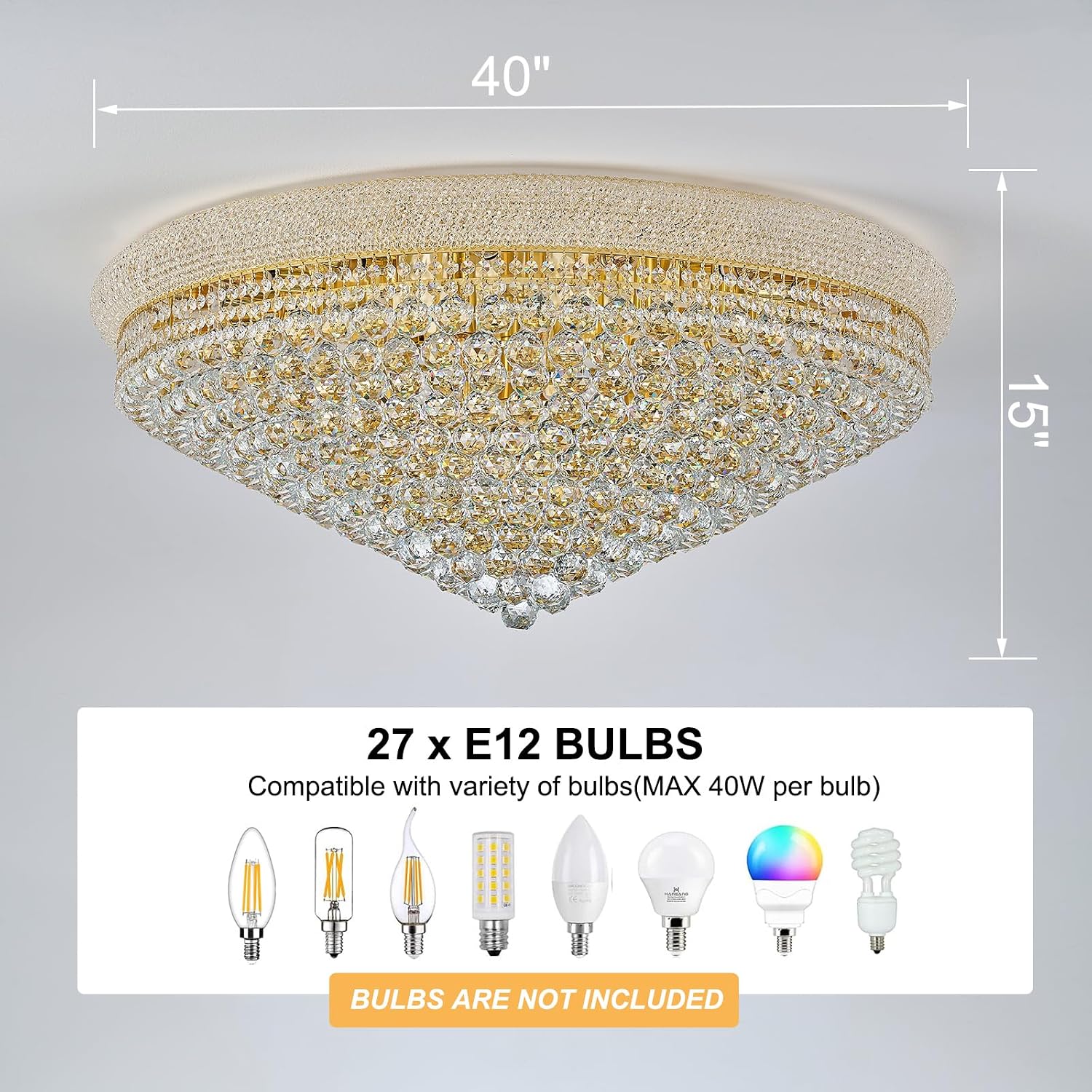 27-Light Large Crystal Chandelier Flush Mount Ceiling Light Fixture for Living Room Entrance Foyer Lobby Gold Finish