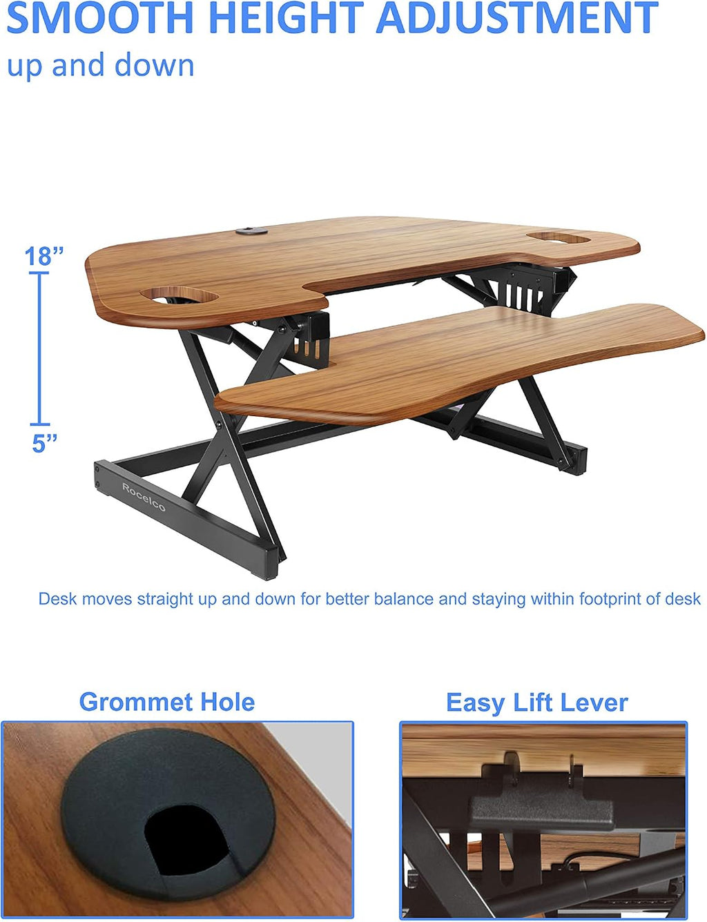 Rocelco 46' Height Adjustable Corner Standing Desk Converter with Dual Monitor Stand Bundle - Sit Stand Up Computer Workstation Riser - Extra Large Keyboard Tray - Teak Wood Grain (R CADRT-46-DMS)