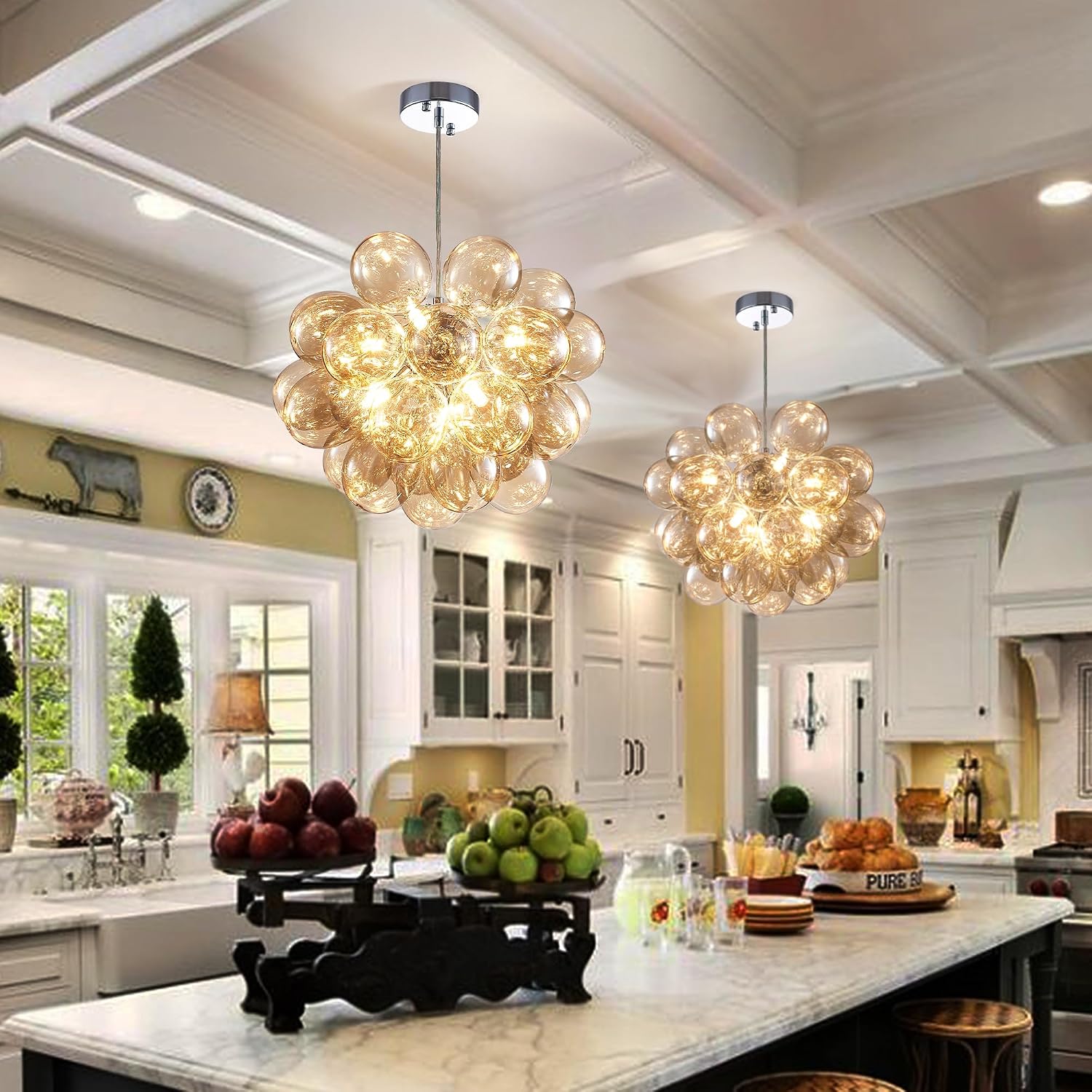 Longree Champagne Bubble Ball Chandelier, Dia 20 inch Blown Glass Cognac Glass Pendant Light Fixture for Bedroom Study Bathroom Foyer Entryway Lamp