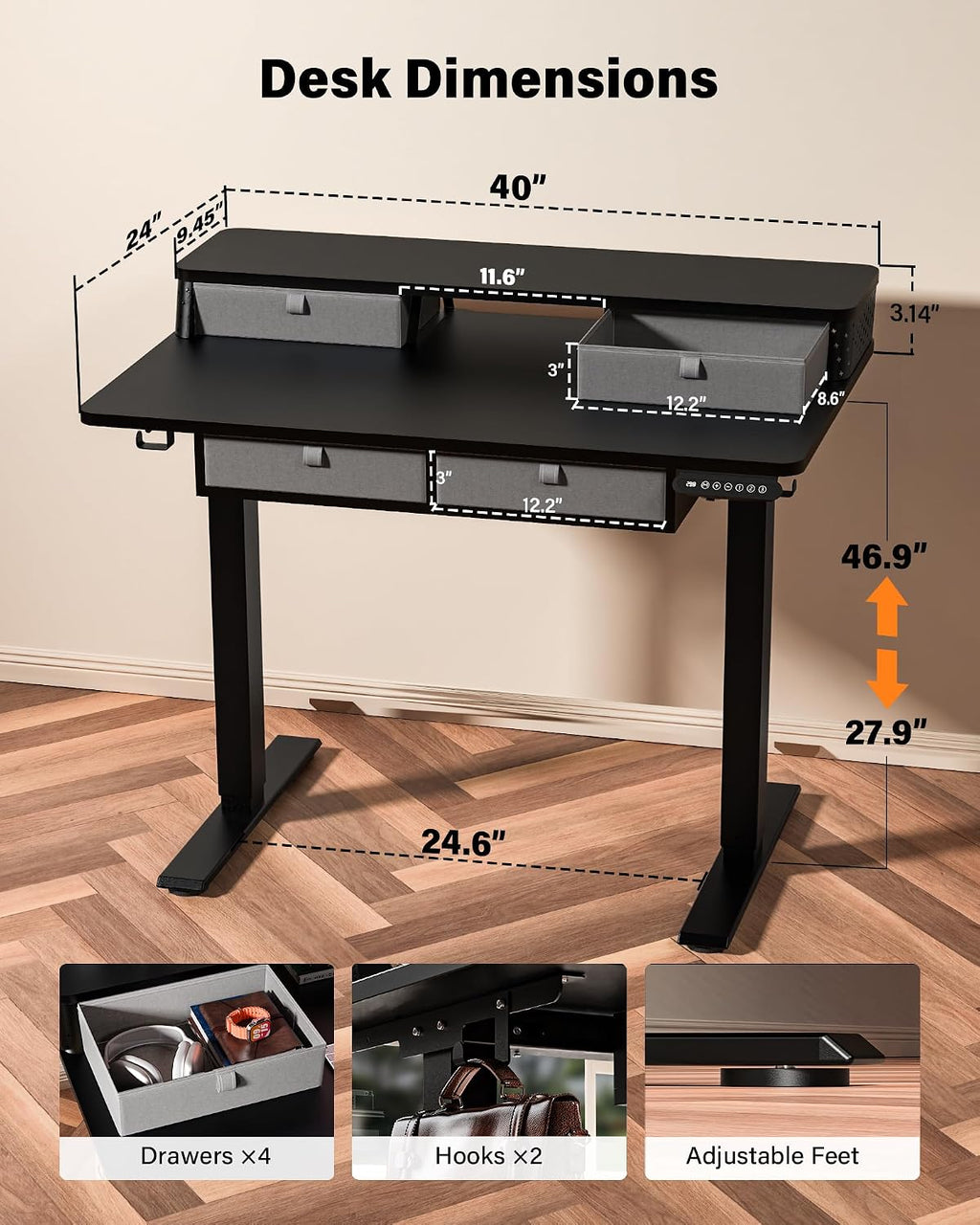 FiCiHi Electric Standing Desk with Four Drawers, 40 x 24 Inch Adjustable Height Sit Stand Desk, C-Clamp Compatible Home Office Desk with Storage Shelf & Monitor Stand Riser, Classical Black