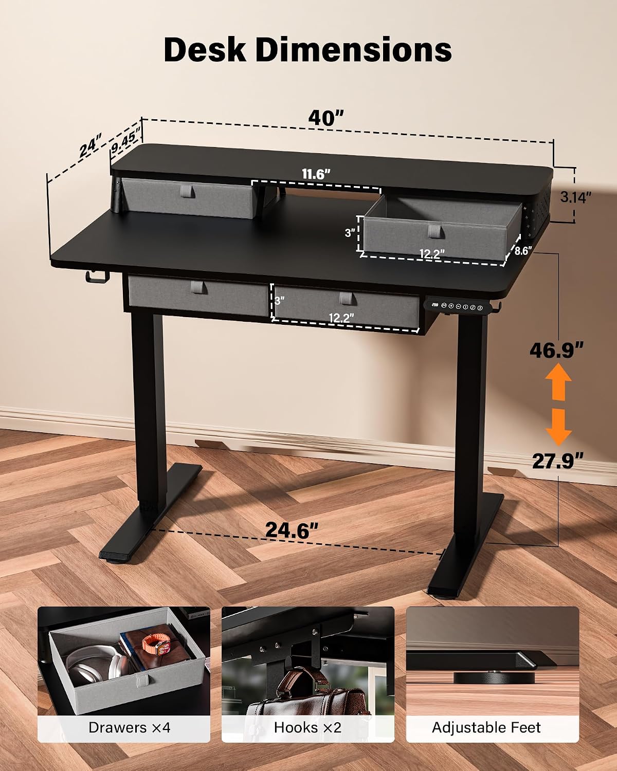 FiCiHi Electric Standing Desk with Four Drawers, 40 x 24 Inch Adjustable Height Sit Stand Desk, C-Clamp Compatible Home Office Desk with Storage Shelf & Monitor Stand Riser, Classical Black