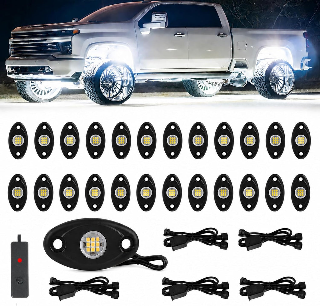 24pods White Rock Lights kit Dc 12v-80v 6000k Aluminum Pure White Led Rock Lights with Switch Wiring Harness Kit Ip68 Waterproof for Trucks Pickup Offroad Car SUV Utv ATV Rv Fends Underglow Lights
