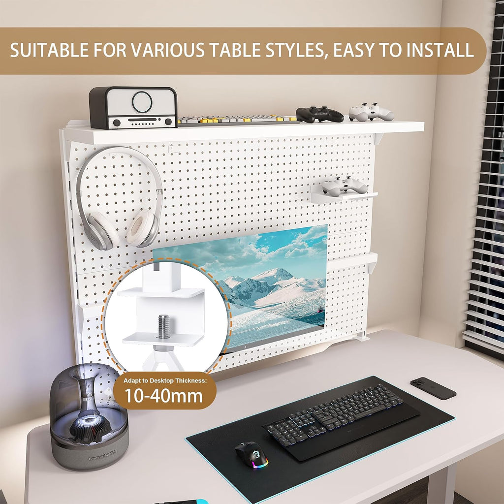 KEIKI Clamp-On Desk Pegboard with Single Monitor Stand, 43' x 35' Steel Peg Board Office Organizer with Hooks, Movable Panel & Shelf for Office Supplies, Gaming Setup & Desk Organization, White