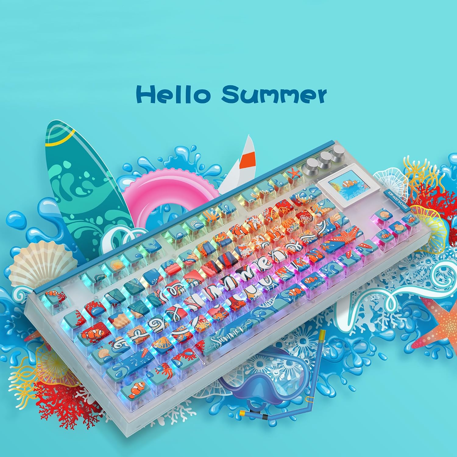Glacier Skyloong GK87 Pro TKL Layout Wireless/Wired Detachable USB-C Hot Swap Mechanical Keyboard w/Hot Swap Display Screen and Knobs, Split Space Bar Compatible (Aqua, w/Standard Cable)