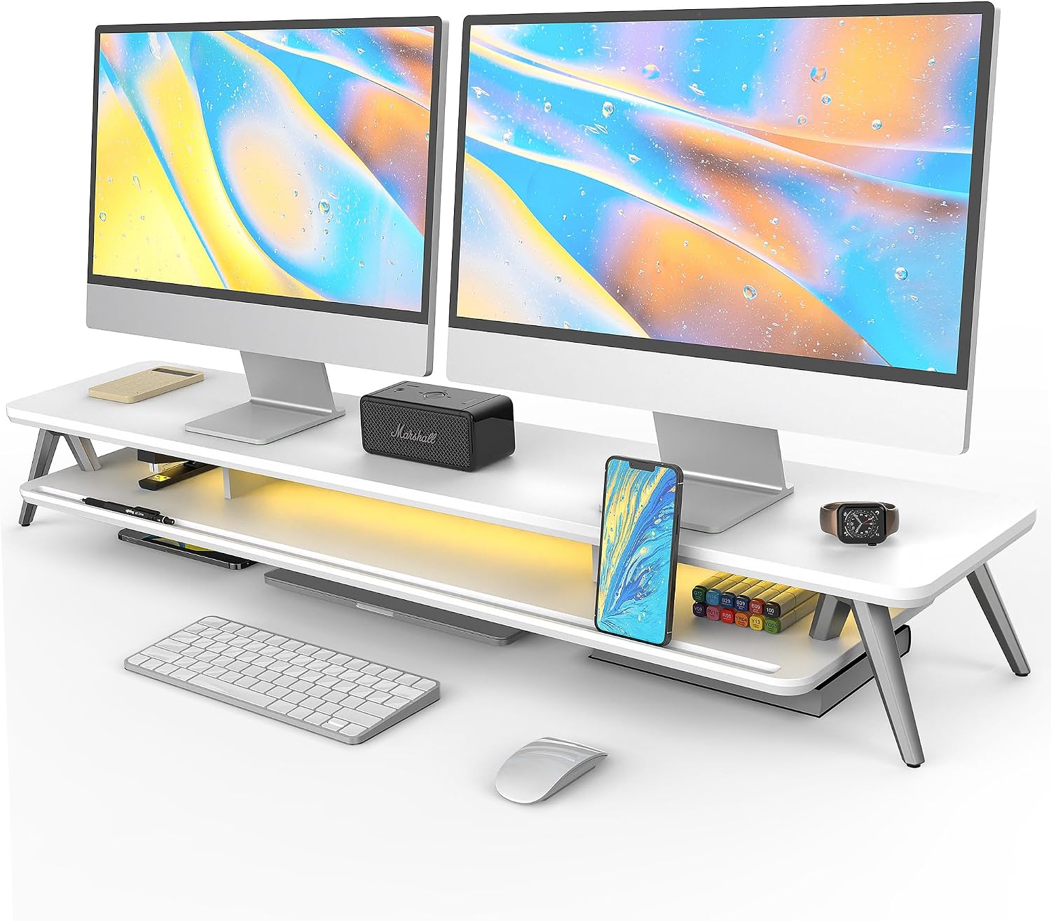 Fenge Dual Monitor Stand, Monitor Stands Riser for 2 Monitors, 42.5 Inch Monitor Stands Shelf with 12 Color LED Light for Office Desk