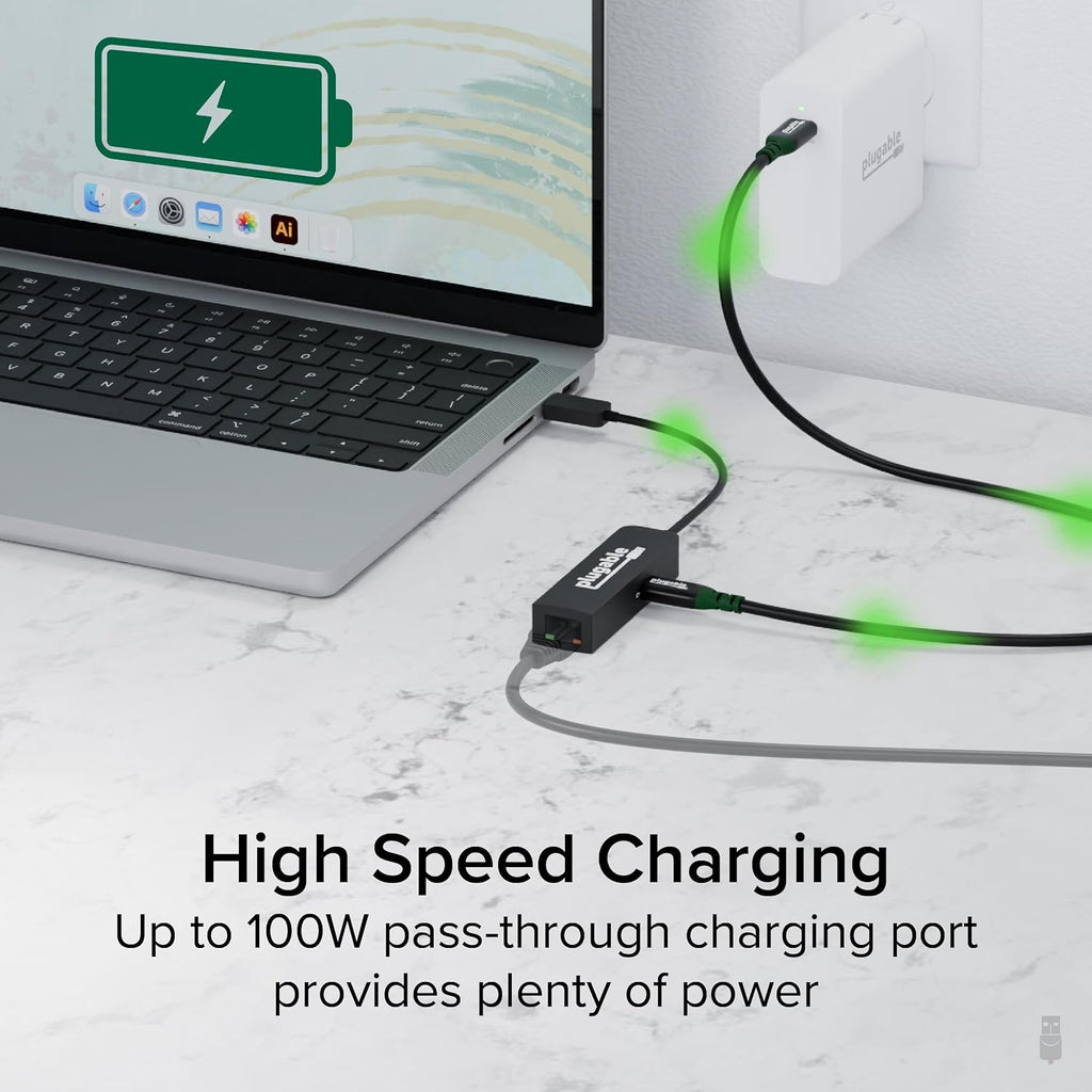 Plugable USB C Portable Monitor and USB C to Ethernet Adapter Bundle: 15.6' Monitor with 100W Charging, 3X USB-C 10Gbps, Protective Case/Stand, and 2.5Gbps Type C Ethernet Adapter