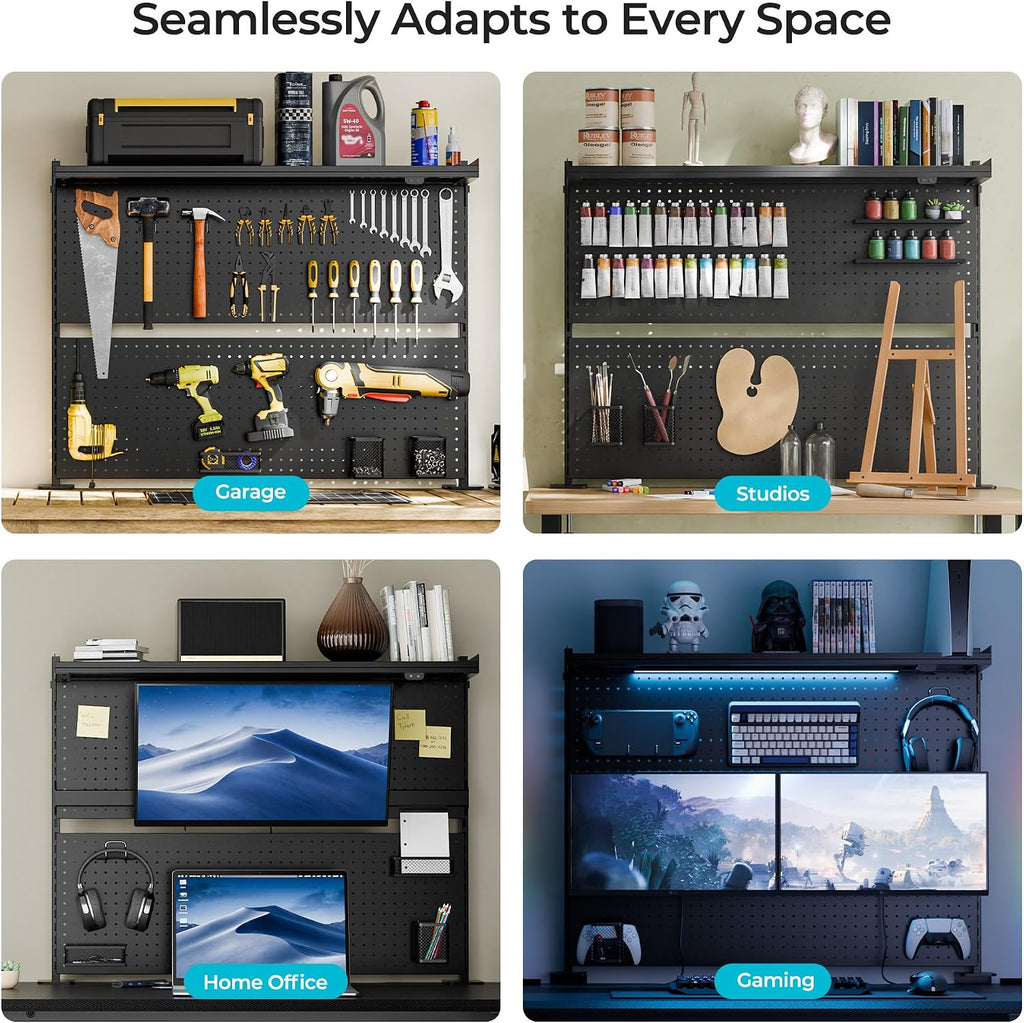 EUREKA ERGONOMIC Metal Pegboard, 43x34inch Clam on Desk Pegboard with Dual Monitor Stand, Garage Pegboard with 4 Accessories, Desk Shelves for Tool organizer, Office, Gaming Desk, Workbench, Black