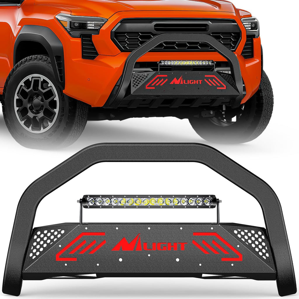Nilight Bull Bar with Light Bar&License Plate Hole Compatible with Toyota Tacoma 2024 2025 2026 Truck Brush Guard, Front Bumper Push Bar w/Grille Skid Plate Light Mount