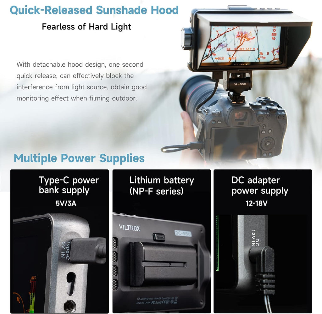 VILTROX DC-550 1200 Nits DSLR Camera Field Monitor, 4K 1920x1080 Touchscreen Portable On-Camera External Video Monitor Kit with Sunshade Hood/Battery 3D LUT DC HDMI Input Output Video Focus Peaking