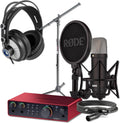 Rode NT1 Signature Black Condenser Mic Bundle with Focusrite Scarlett 2i2 4G Interface, On-Stage MS7701B Tripod, and Cans50 Headphones — 4 dBA XLR Mic for Singing, Vocal Recording, Two-Host Podcasting