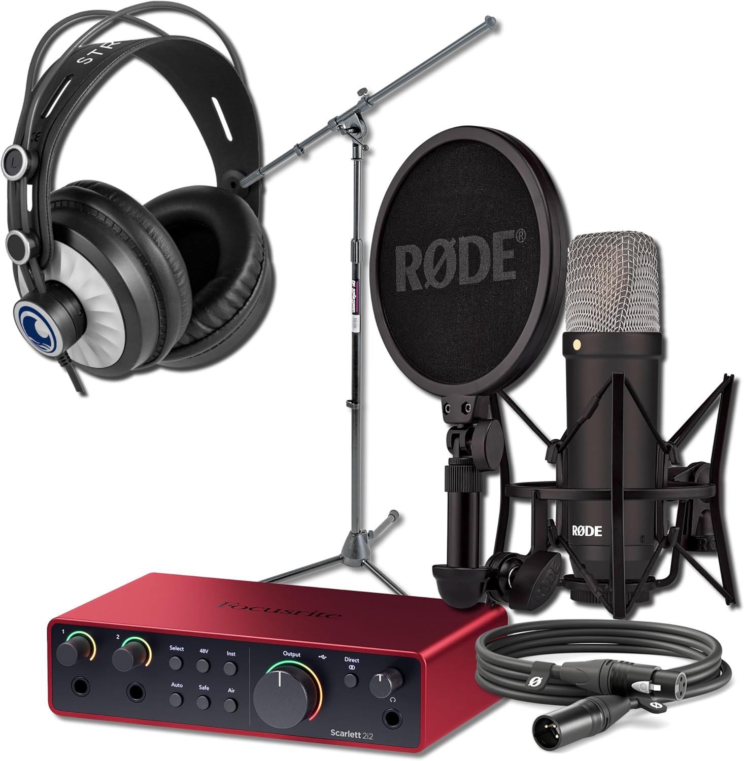 Rode NT1 Signature Black Condenser Mic Bundle with Focusrite Scarlett 2i2 4G Interface, On-Stage MS7701B Tripod, and Cans50 Headphones — 4 dBA XLR Mic for Singing, Vocal Recording, Two-Host Podcasting