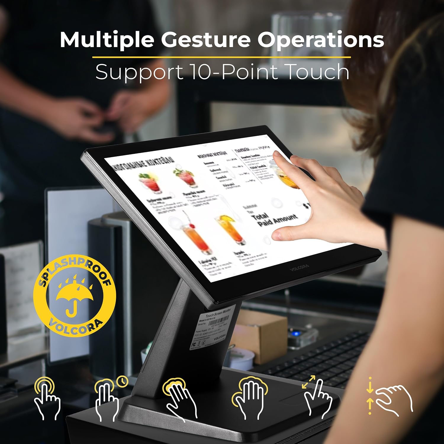 Volcora 15.6' Black LED Touch Screen Monitor with Metal Stand - Backlit 1366 * 768 with VGA HDMI Connection for Small Business, Restaurant, Office - No Driver Required (Not Compatible with macOS/iOS)