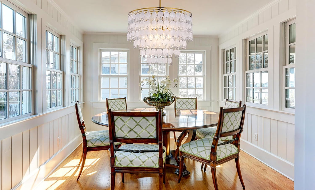 TOCHIC Natural Capiz Shell Chandelier, 6-Light Gold Modern Coastal Chandelier Light Fixture for Dining Room, Hanging Boho Round Beach Shell Pendant Light for Living Room, Bedroom, Kitchen, Foyer, 24'W