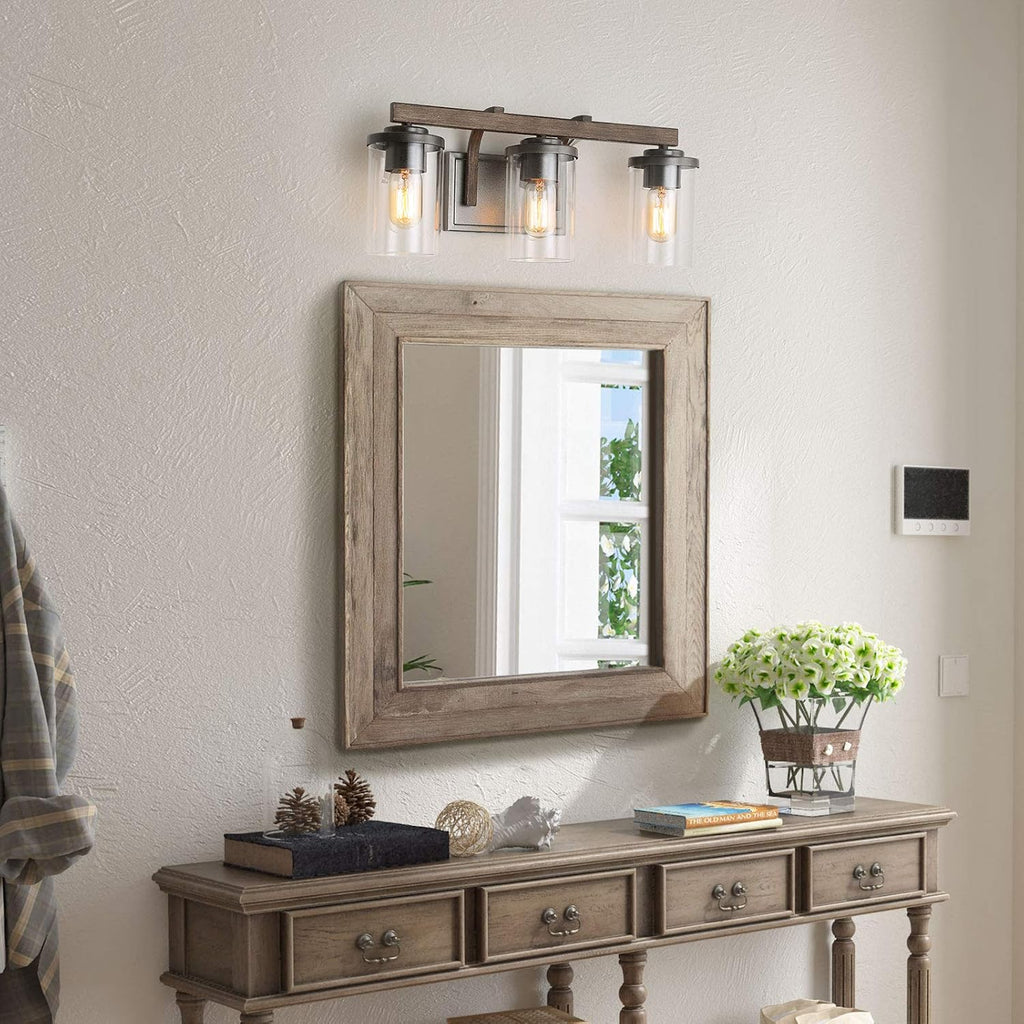 Farmhouse Bathroom Vanity Light Fixtures, Rustic Vanity Lighting with 3 Clear Glass, Wood Bathroom Fixture Over Mirror, L20' x H8.7' x W6.3'