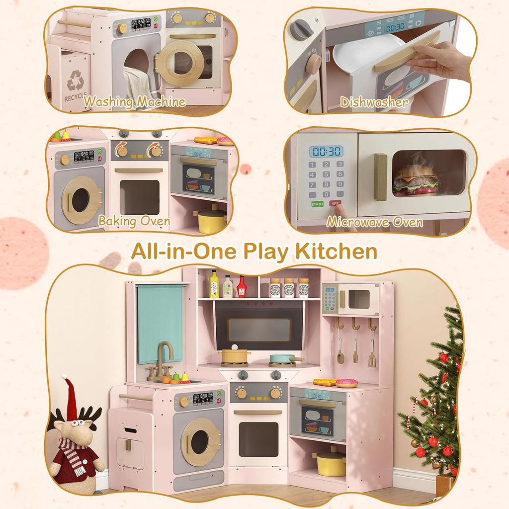 GLACER Corner Wooden Play Kitchen with Real Lights & Sounds, Pretend Kids Kitchen Playset with Trash Bin, Accessories, Dishwasher, Microwave Oven, Cooking Play Set for Toddlers Ages 3+ (Pink)