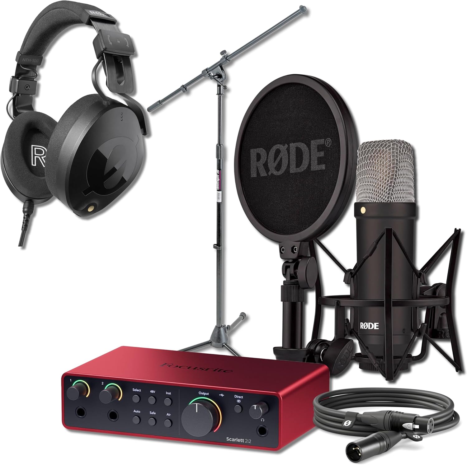 Rode NT1 Signature Condenser Mic Bundle with Scarlett 2i2 4G Interface, NTH-100 Headphones, and MS7701B Tripod — 4 dBA XLR Studio Mic for Vocal Recording, Singing, Voice Over, Podcasting