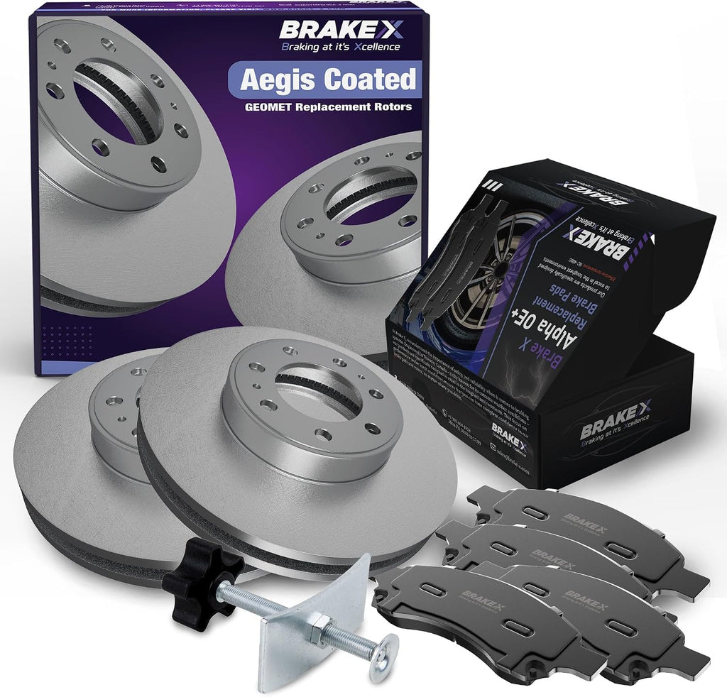 Brake X Rear Brake Pads and Rotors Kit with brake caliper compression tool replacement for 2006-2011 HONDA CIVIC | AEGIS GEOMET Coated Rotors and Alpha Ceramic Brake Pads
