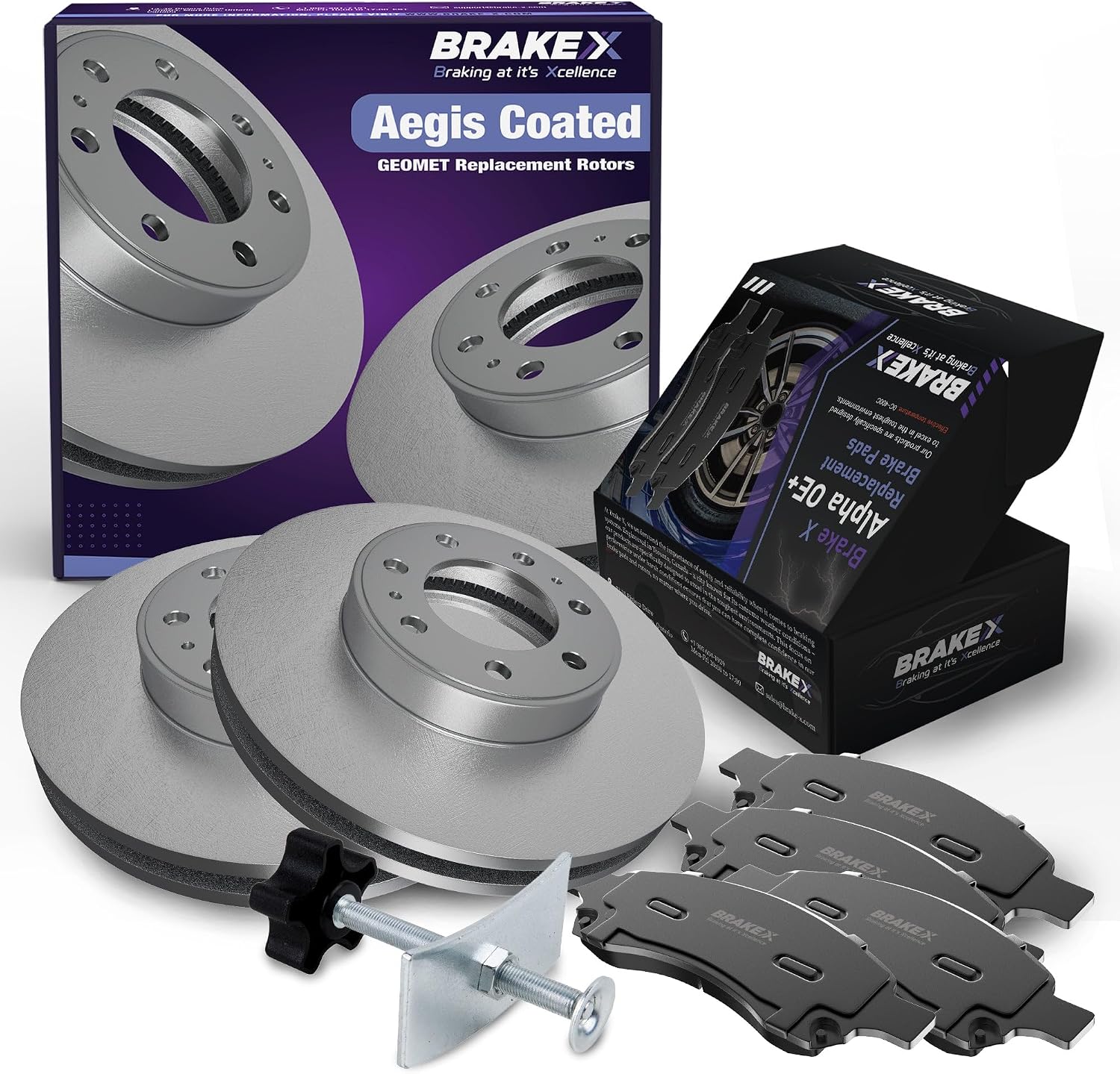 Brake X Rear Brake Pads and Rotors Kit with brake caliper compression tool replacement for 2006-2011 HONDA CIVIC | AEGIS GEOMET Coated Rotors and Alpha Ceramic Brake Pads