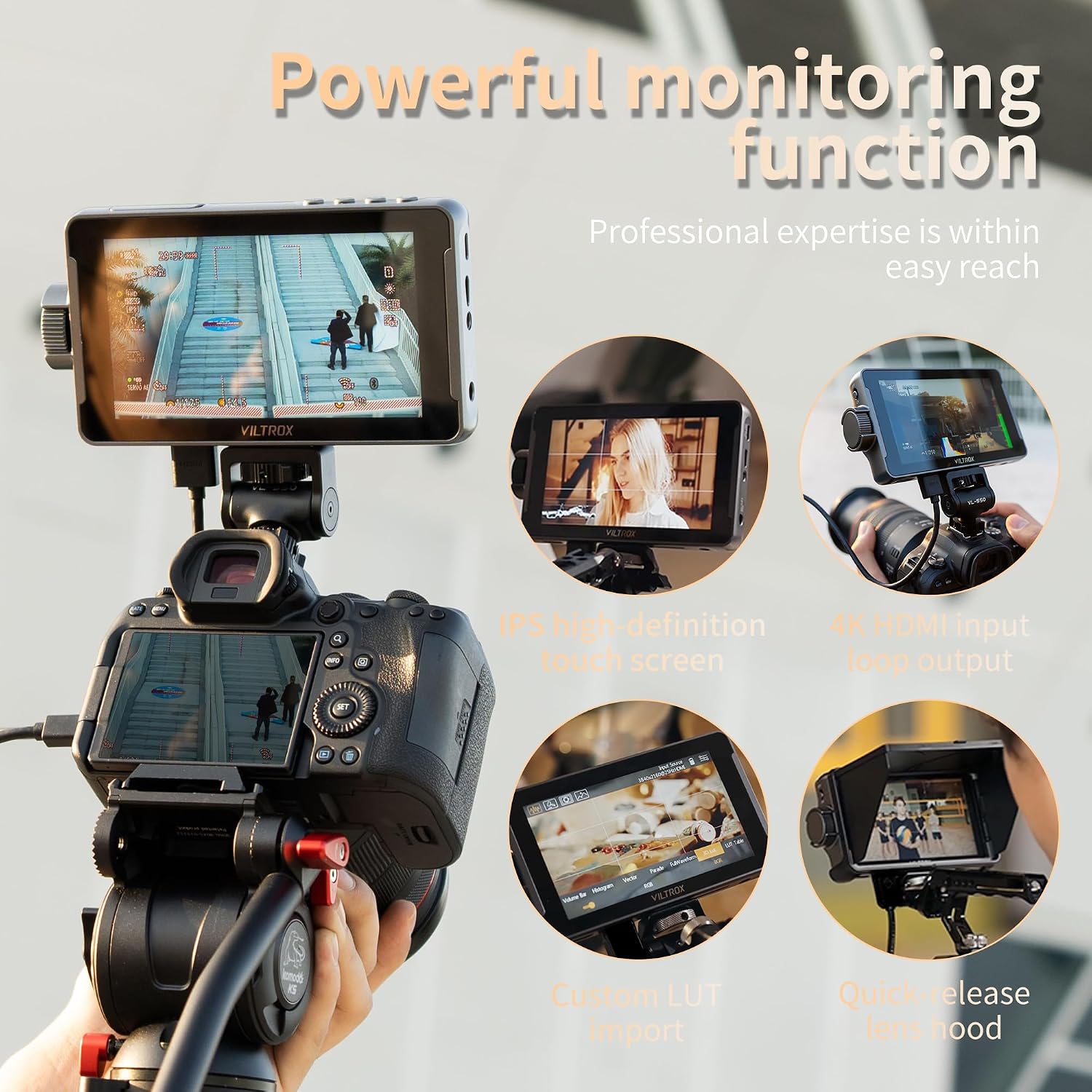 VILTROX Camera Field Monitor Touchscreen Camera Monitor, Full HD 1920x1080 Video Monitoring, 3D Lut, RGB Parade with Sunshade Hood and Battery for Sony Canon Nikon (DC-550 PRO)