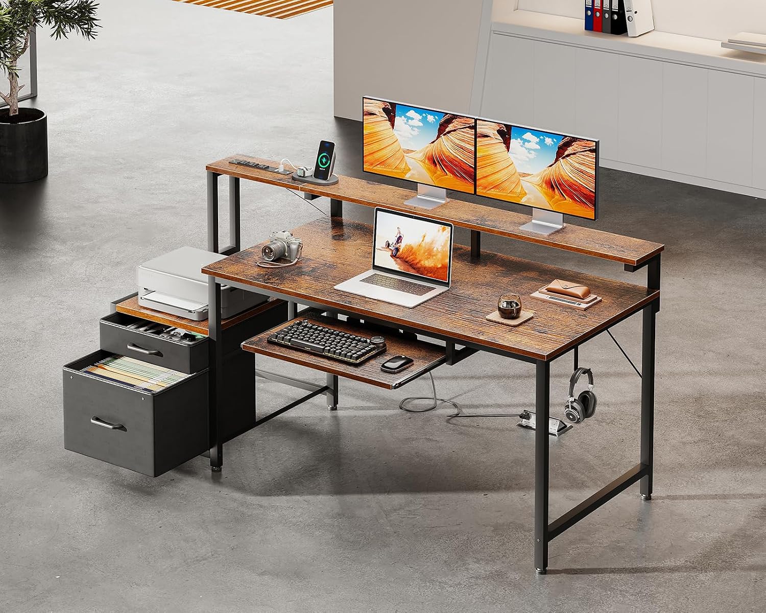 AODK Computer Desk with Drawers, 55' Office Desk with Keyboard Tray and Power Outlet, Reversible Study Work Desk with Printer Space and File Drawers Cabinet for Home Office, Vintage