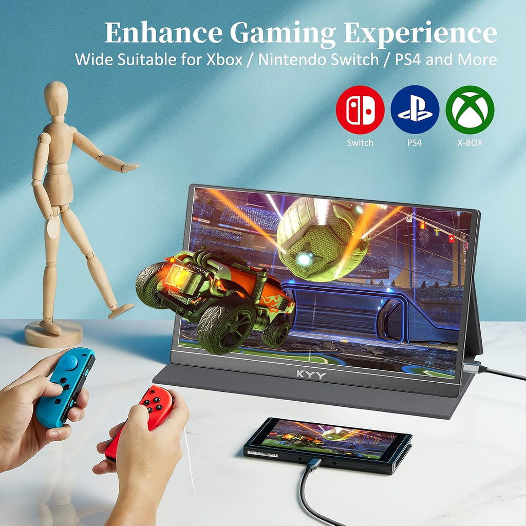 KYY 15.6'' Portable Monitor Bundle [K3-1 Black & Gray] 1080P FHD USB-C Laptop Monitor HDMI Computer Display HDR IPS Gaming Monitor w/Smart Cover & Dual Speakers, for Laptop PC Phone PS4 Xbox Switch