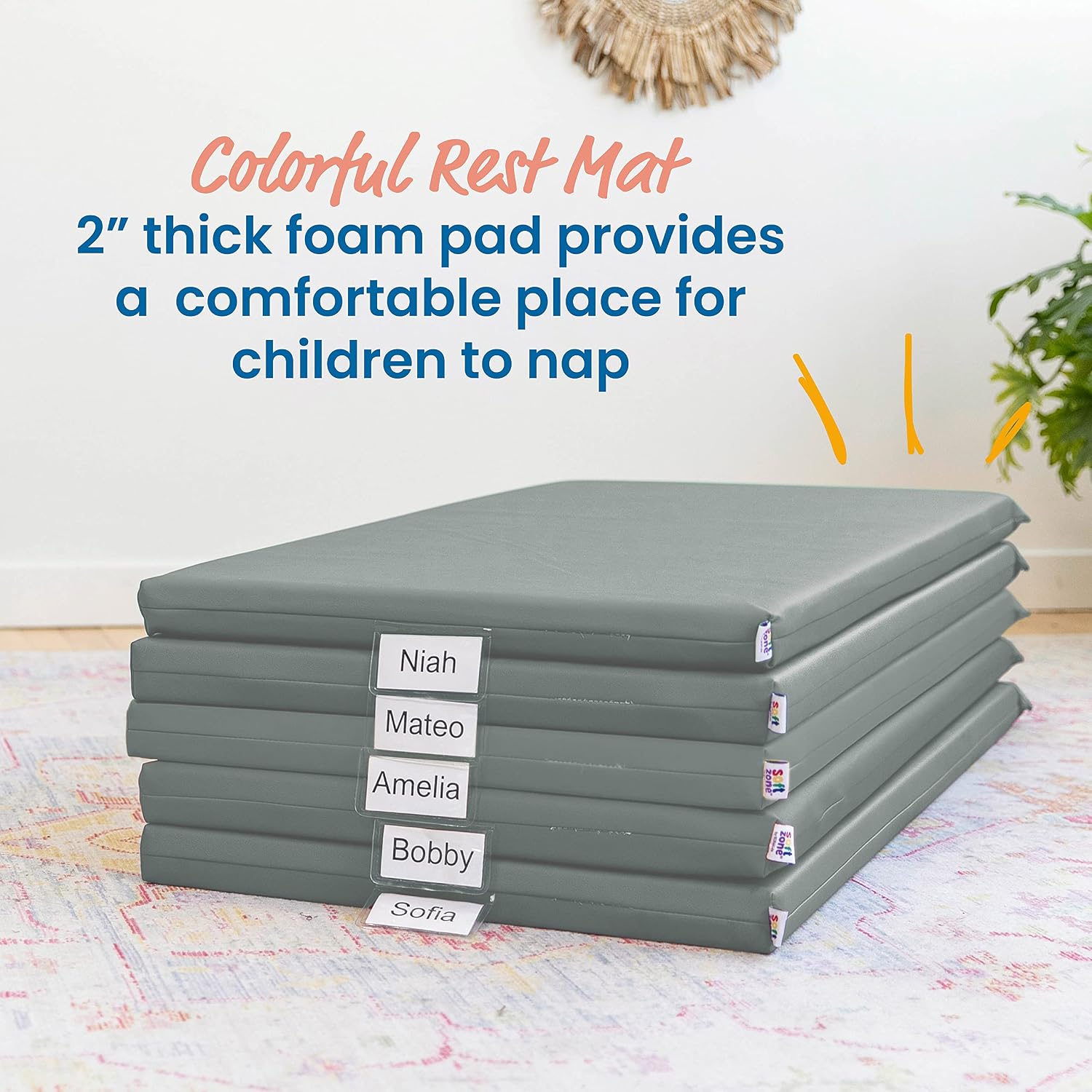 ECR4Kids SoftZone Rainbow Rest Time Mat with Name Tag, Sleeping Pad, Grey, 5-Piece