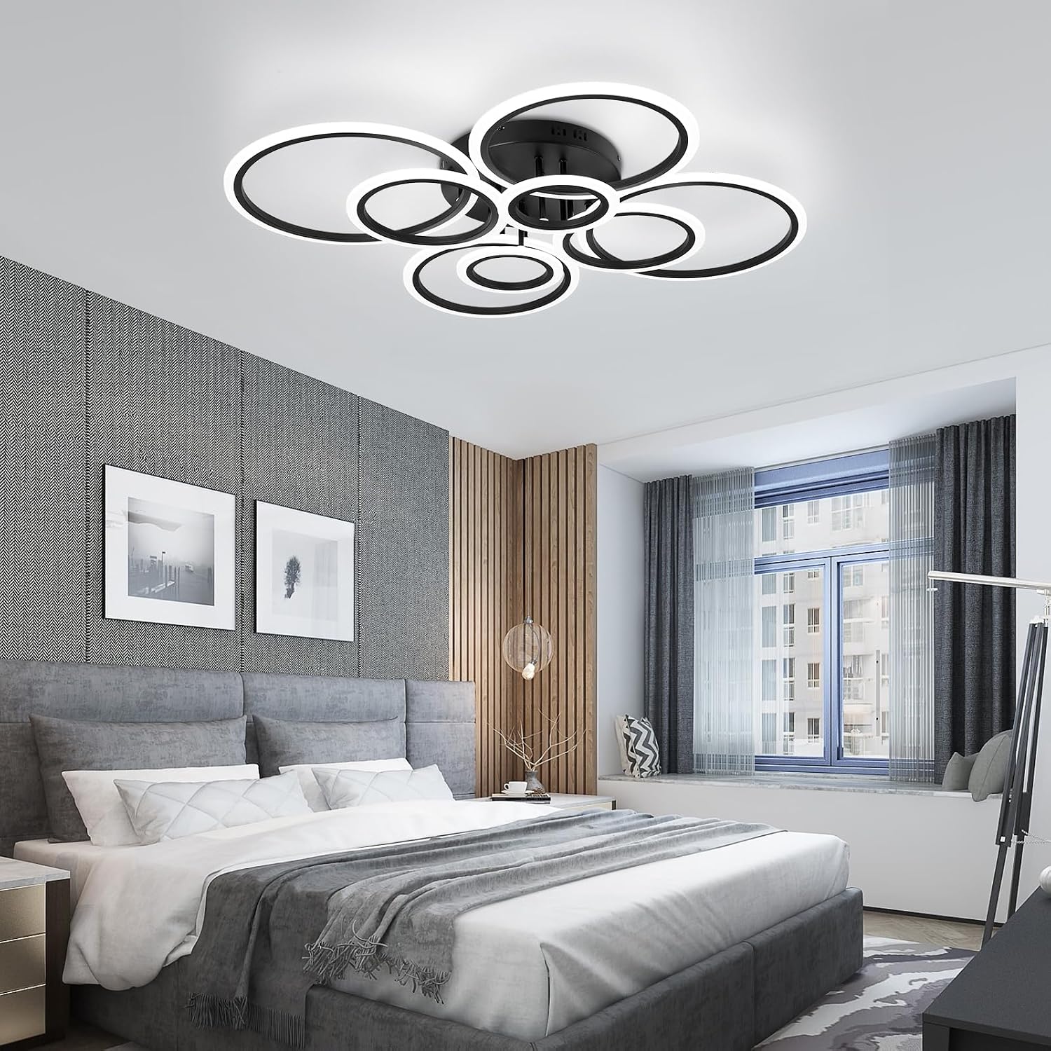 Modern Ceiling Light Fixture, 8 Rings Dimmable Flush Mount Ceiling Light with Remote, Acrylic Close to Ceiling Lighting Fixture for Living Room Bedroom Kitchen (Black, 8 Heads)