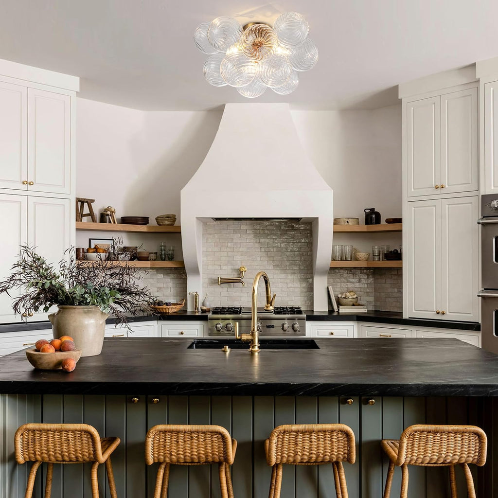 GoYeel Semi Flush Chandelier Gold, Modern Light Fixtures Ceiling Mount Lighting Pendant 3 Light Dining Chandeliers Over Table Glass 18.5' 13 Clear Swirled Globe for Foyer Bedroom Kitchen