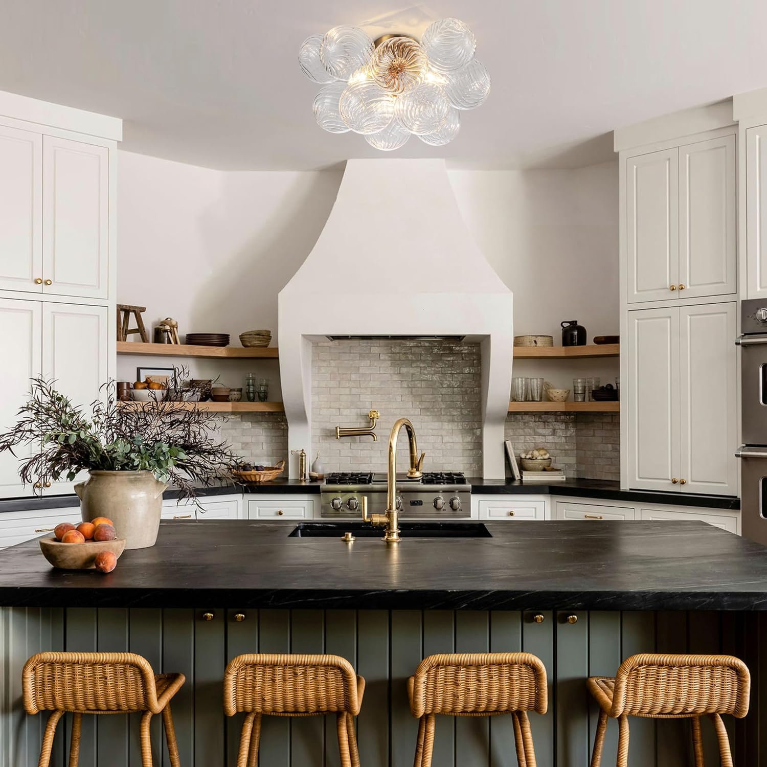 GoYeel Semi Flush Chandelier Gold, Modern Light Fixtures Ceiling Mount Lighting Pendant 3 Light Dining Chandeliers Over Table Glass 18.5' 13 Clear Swirled Globe for Foyer Bedroom Kitchen