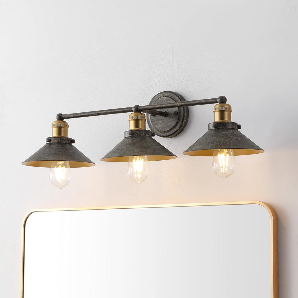 JONATHAN Y 26.5' Rustic Dark Gray/Brass Gold 3-Light Industrial Farmhouse Metal Vanity Light Wall Sconce, Metal Shade for Bathroom Mirror, Kitchen, Entryway, LED Bulb Included (JYL7428D)