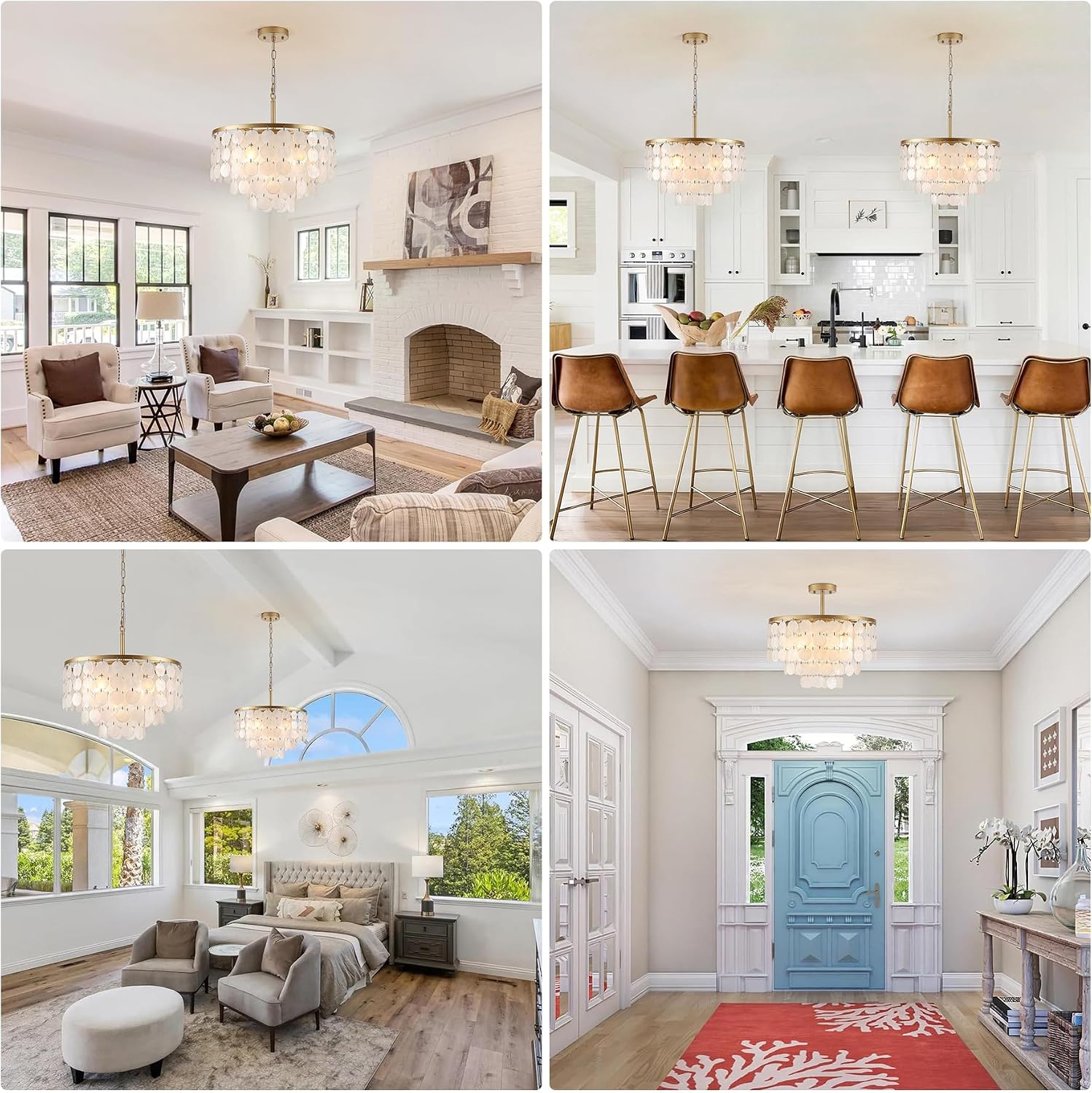 17.72' Capiz Shell Chandelier, 5 Light Modern Coastal Chandeliers, Gold Dining Room Light Fixture, Natural Seashell Hanging Light Fixtures for Living Room Bedroom Kitchen Foyer Bathroom