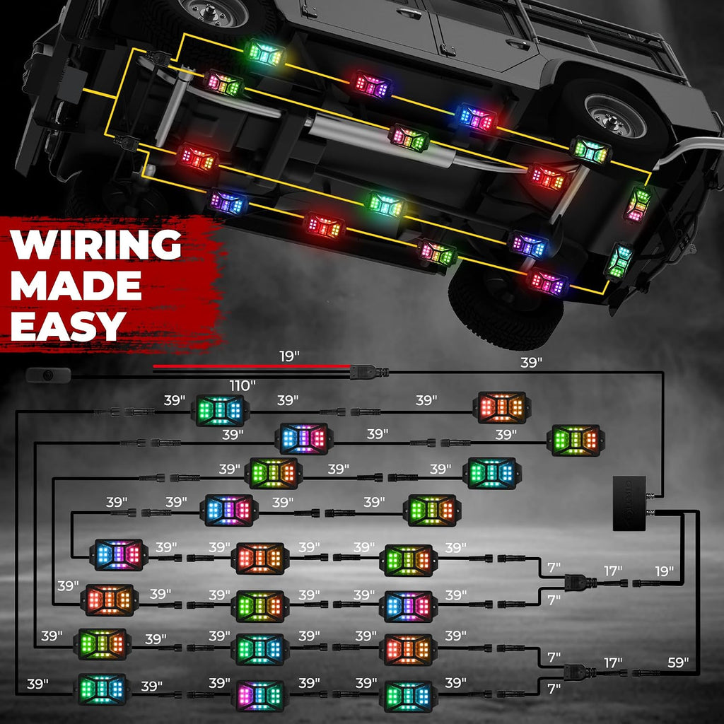 20 Pods Five Sided RGB Rock Lights for Trucks Jeep UTV SUV ATV Golf Cart, Multi Chasing Color App/Remote Control Led Rock Lights with Music Mode, Waterproof Exterior Underglow Kits for Cars(Patented)