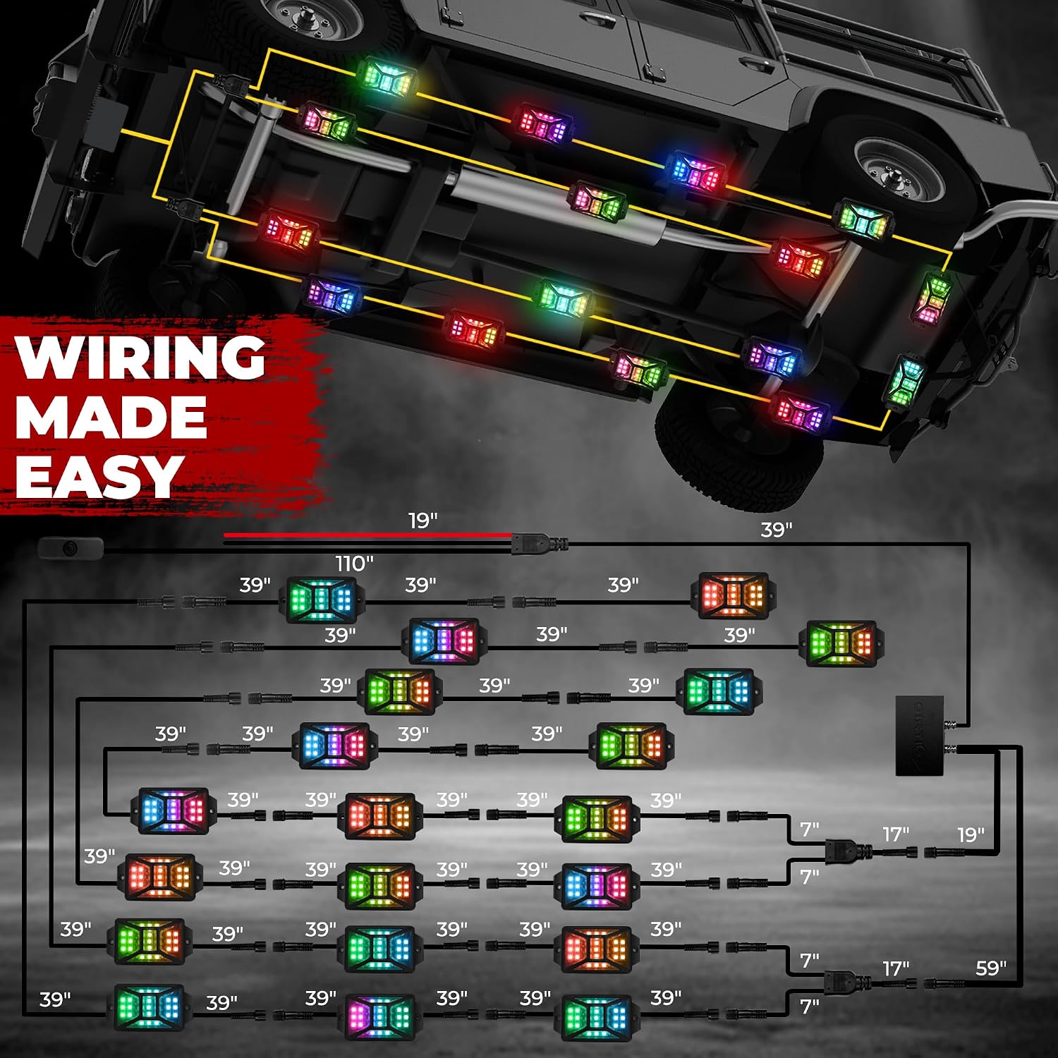 20 Pods Five Sided RGB Rock Lights for Trucks Jeep UTV SUV ATV Golf Cart, Multi Chasing Color App/Remote Control Led Rock Lights with Music Mode, Waterproof Exterior Underglow Kits for Cars(Patented)