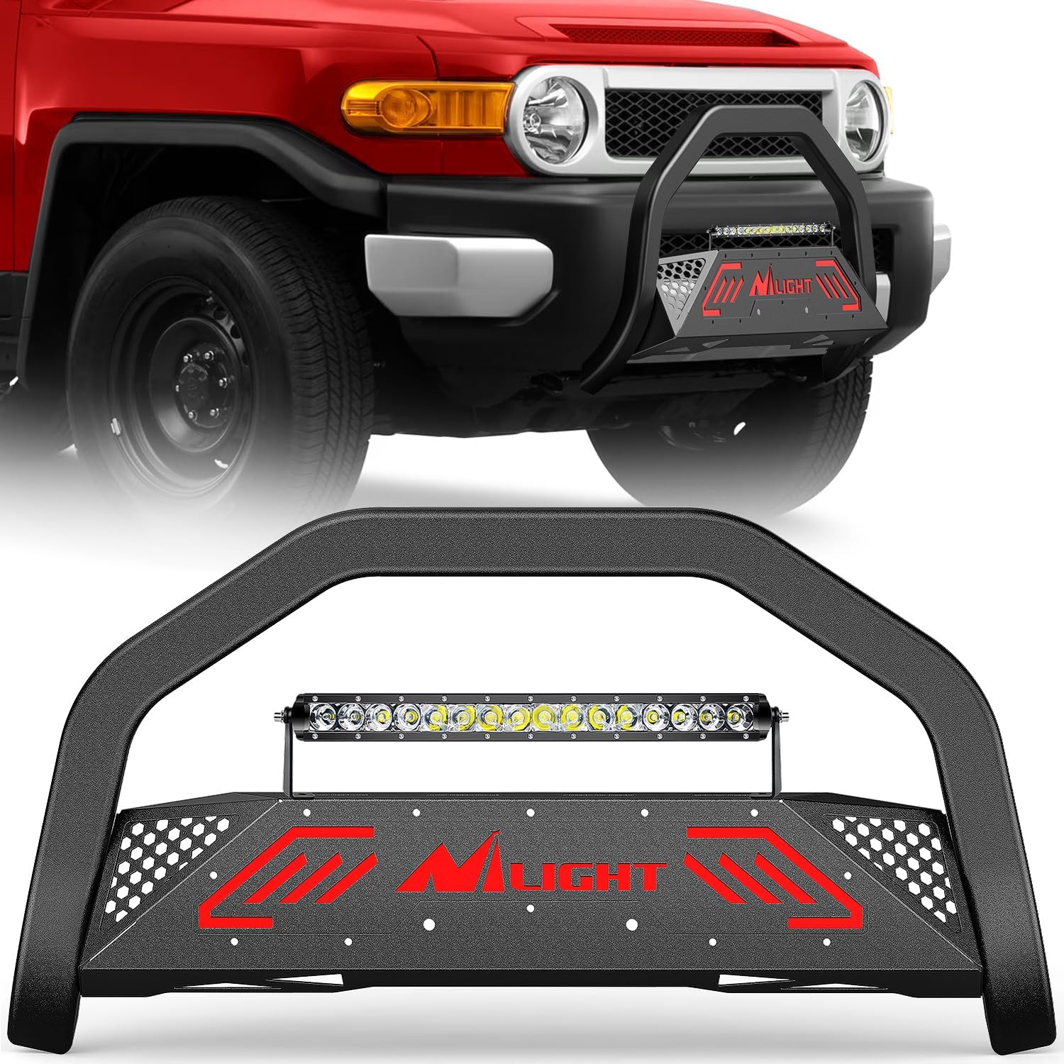 Nilight Bull Bar with Light Bar&License Plate Hole Compatible with Toyota Fj Cruizer 2007-2014 Truck Brush Guard, Front Bumper Push Bar w/Grille Skid Plate Light Mount