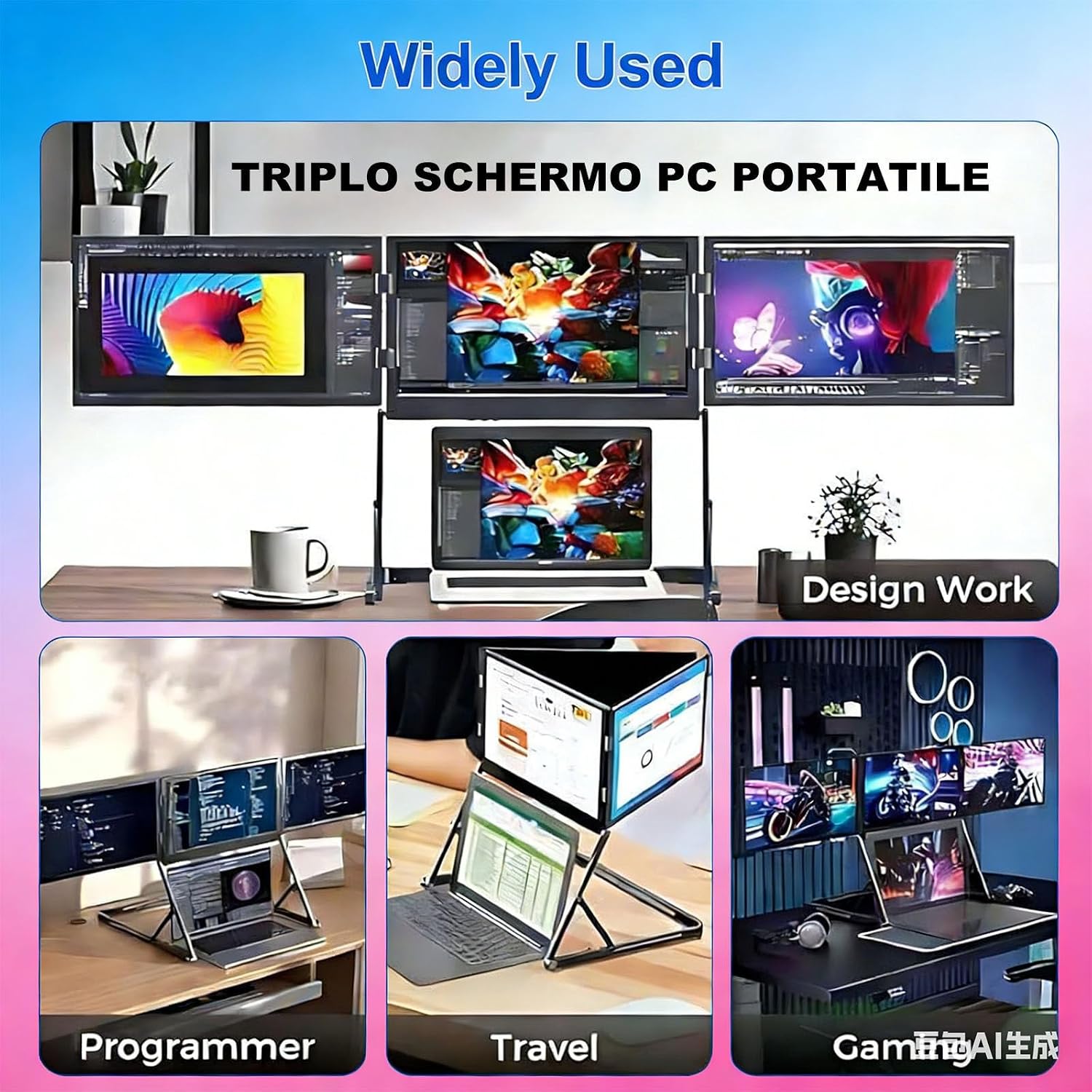 15.6' Portable Triple Monitor for Laptop, Full HD IPS Screen Extender, Multi-Screen Display, Featuring Type-C, HDMI & USB 3.0 Ports, Built-in Speakers, Height Adjustable