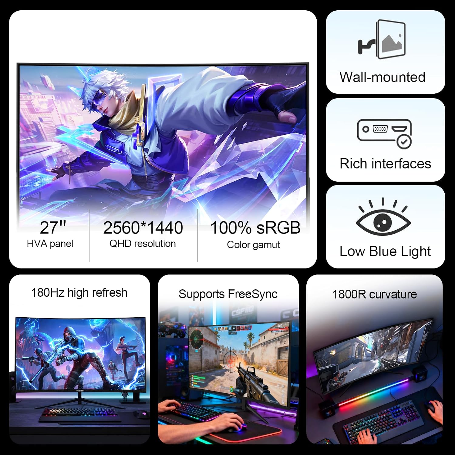 27 Inch Curved Gaming Computer Monitor 2K QHD(2560x1440) 180Hz Monitor,1ms 1800R Display, FreeSync, 4000:1 Contrast Ratio,100% sRGB, HDMI 2.0 & DisplayPort 1.4 VESA Mount（G27X Flex Pro）