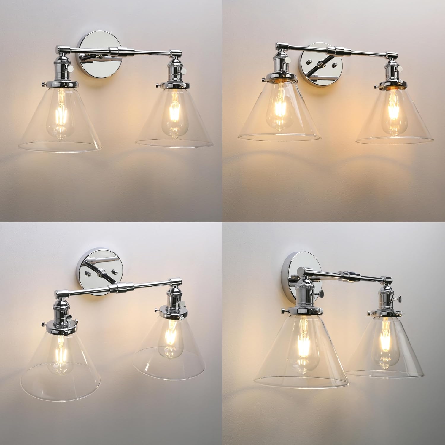 Phansthy 2-Light Wall Sconce Industrial Dual-Light Wall Light with Dual 7.3 Inch Cone Glass Lampshade (Chrome)
