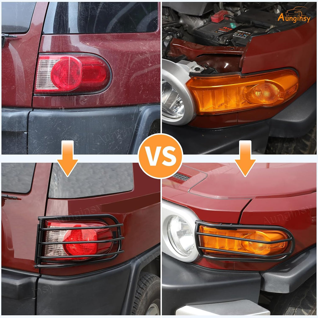 Car Front Fog Light & Taillight Guard Cover Kit Compatible with Toyota FJ Cruiser 2007-2021+, Front Fog Lamp Guards Rear Tail Light Decorative Frame Bezels Protection Carbon Steel Exterior Accessories