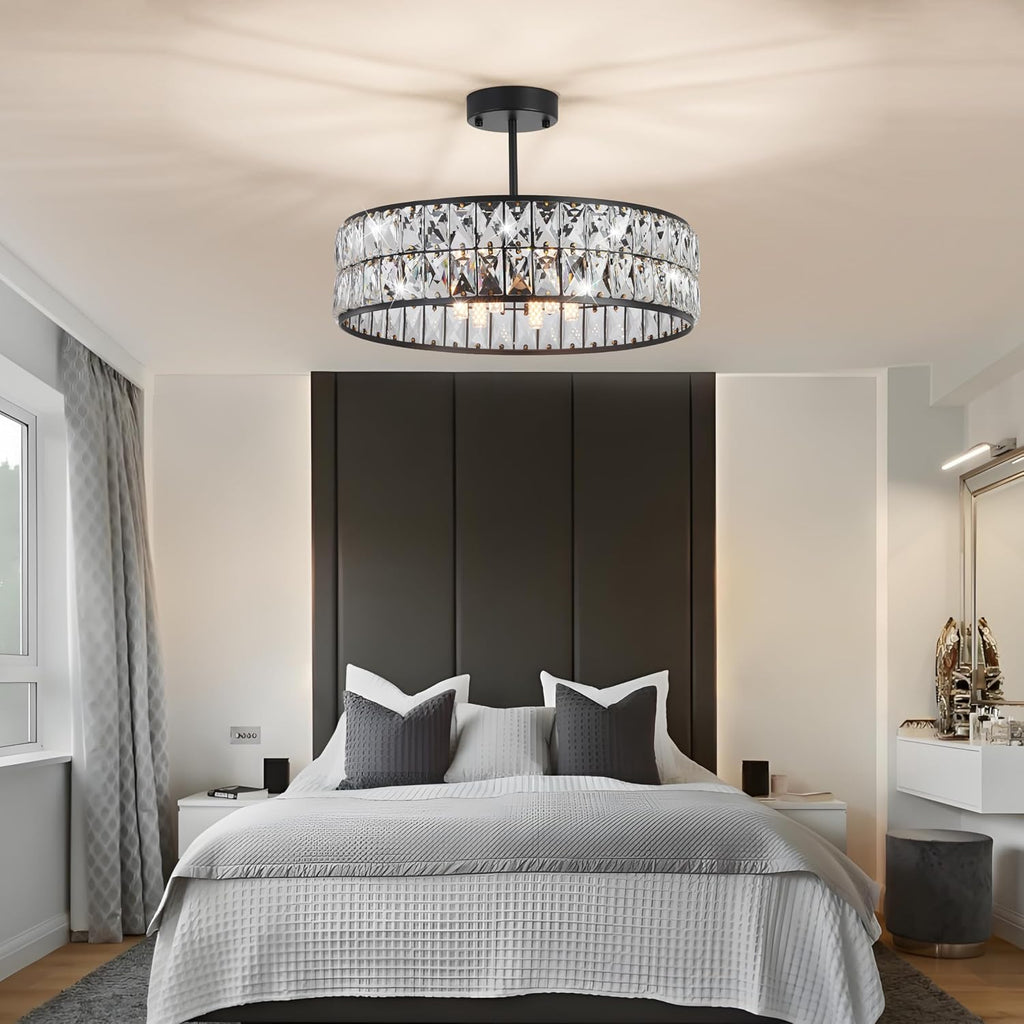 Modern Elegant 6-Light Black Crystal Chandelier, 18-Inch Oversized Round Semi Flush Mount Ceiling Light Fixture, Perfect for Enhancing Kitchen Island Ambiance & Stylish Entryway Décor