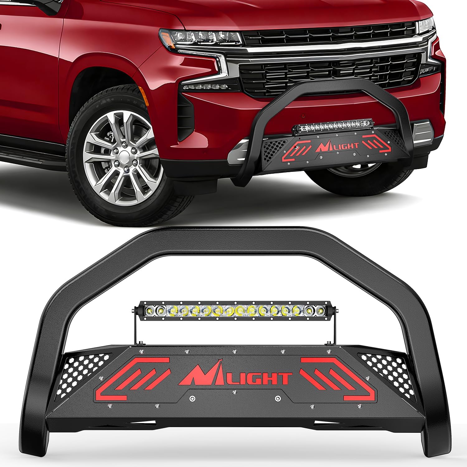 Nilight Bull Bar with Light fits 2021-2024 Chevy Tahoe/Suburban（Excl. High Country Trim Front Bumper Grille Brush Push Guard with Skid Plate Licence Plate Hole Black