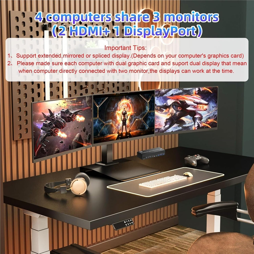 8K@60Hz 2 HDMI +1 DisplayPort KVM Switch Triple Monitor for 4 Computer with Audio and 3 USB 3.0 Ports, 3 Monitor KVM Switches(with AU Plug)