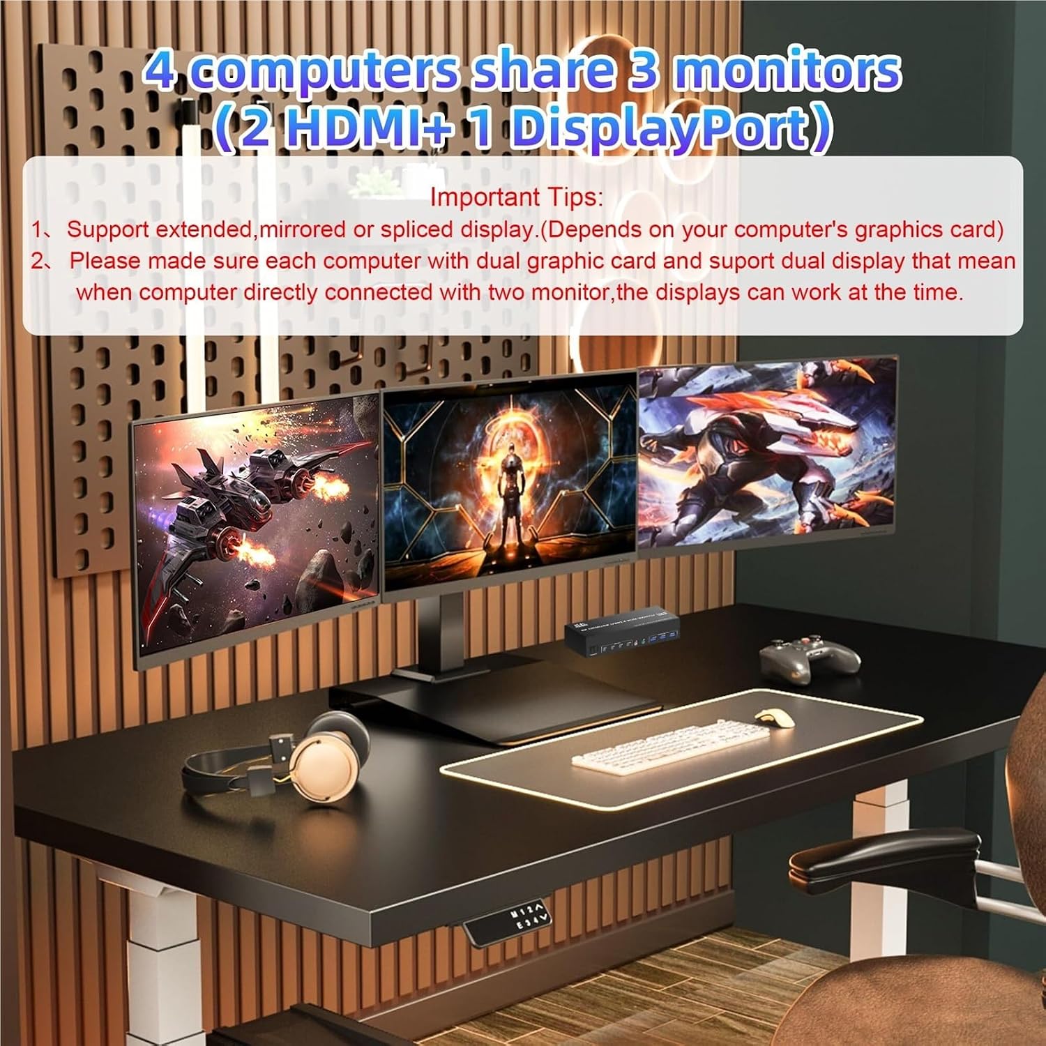 8K@60Hz 2 HDMI +1 DisplayPort KVM Switch Triple Monitor for 4 Computer with Audio and 3 USB 3.0 Ports, 3 Monitor KVM Switches(with EU Plug)