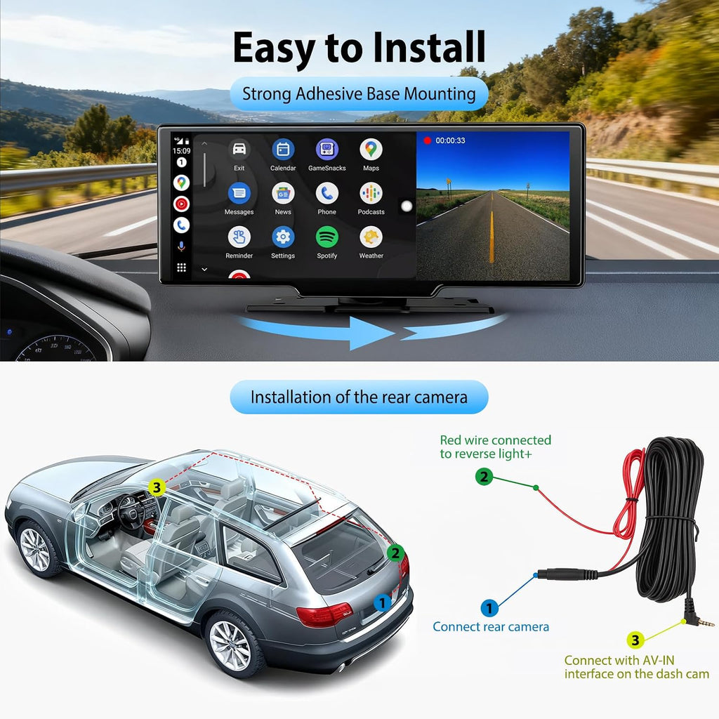 10.26' Wireless CarPlay Screen for Car: 4K Dash Cam & 1080P Backup Camera, Portable Touchscreen Car Stereo for Apple Carplay & Android Auto, GPS Navigation, Mirror Link BT FM Voice Control (ADAS)