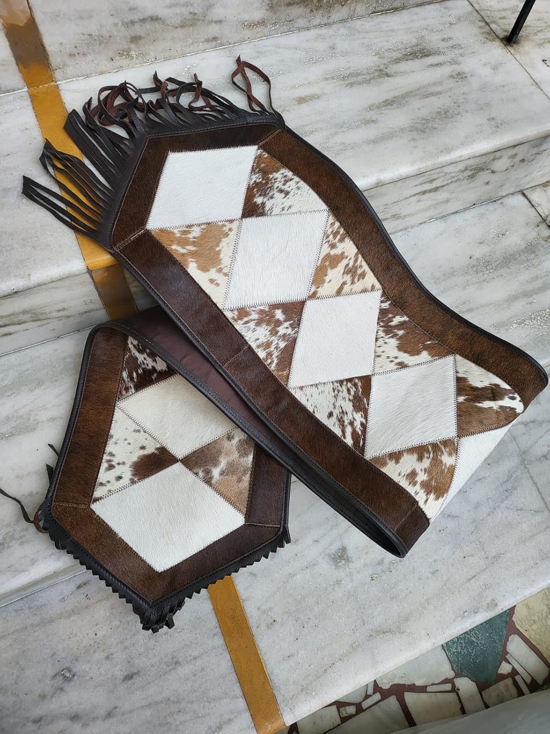 Leather Cow Hide Table Runner 12 x 72 inches Long Decorated with Brown and White Laser Cut Diamond Shape Patch in Between - Black Fringe at Both Corners