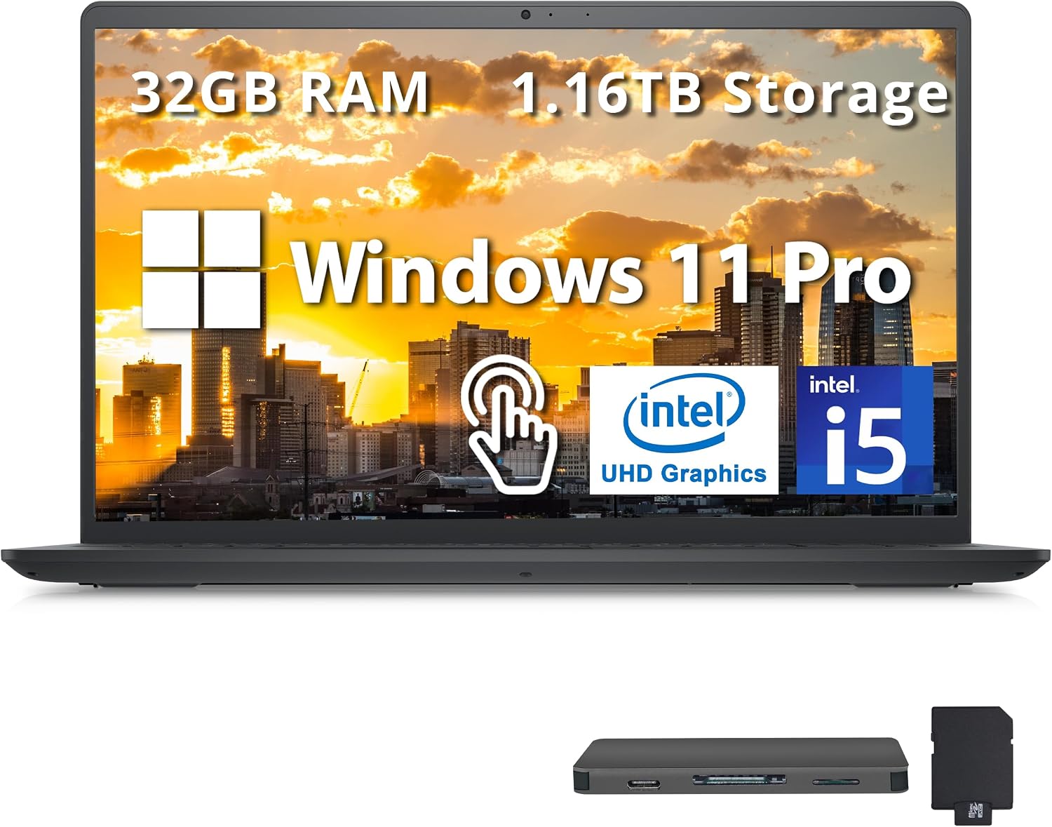 Dell Inspiron 15 15.6' Touch Screen Laptop, Intel i5-1235U, 32GB RAM, 1.16TB Storage(1TB PCIe SSD+160GB Docking Station Set), UHD Graphics, Numeric Keypad, Black, Windows 11 Pro