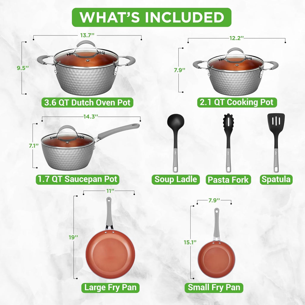 NutriChef 11 Piece Nonstick Ceramic Cookware Set - Pots and Pans Set with Ergonomic Handles, Induction Ready, Includes Saucepan, Dutch Oven, Large & Small Fry Pans