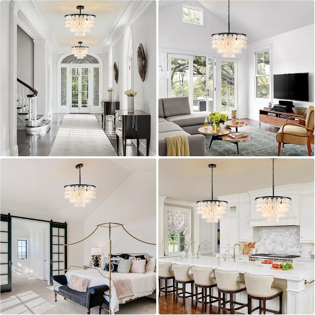 17.72' Capiz Shell Chandelier, 5 Light Natural Seashell Coastal Chandelier, Modern Capiz Seashell Pendant for Kitchen Living Dining Room Bathroom Bedroom, Black Finish